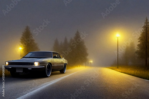 A black car is driving on the road at night  fog  dark background.