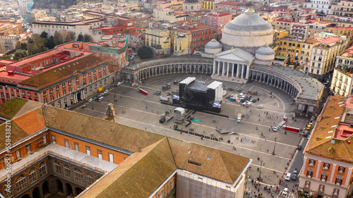 Aerial view of Piazza del Plebiscito, a large public square in the historic center of Naples, Italy. It's bounded by the Royal Palace, San Francesco di Paola' s church and its hallmark twin colonnades