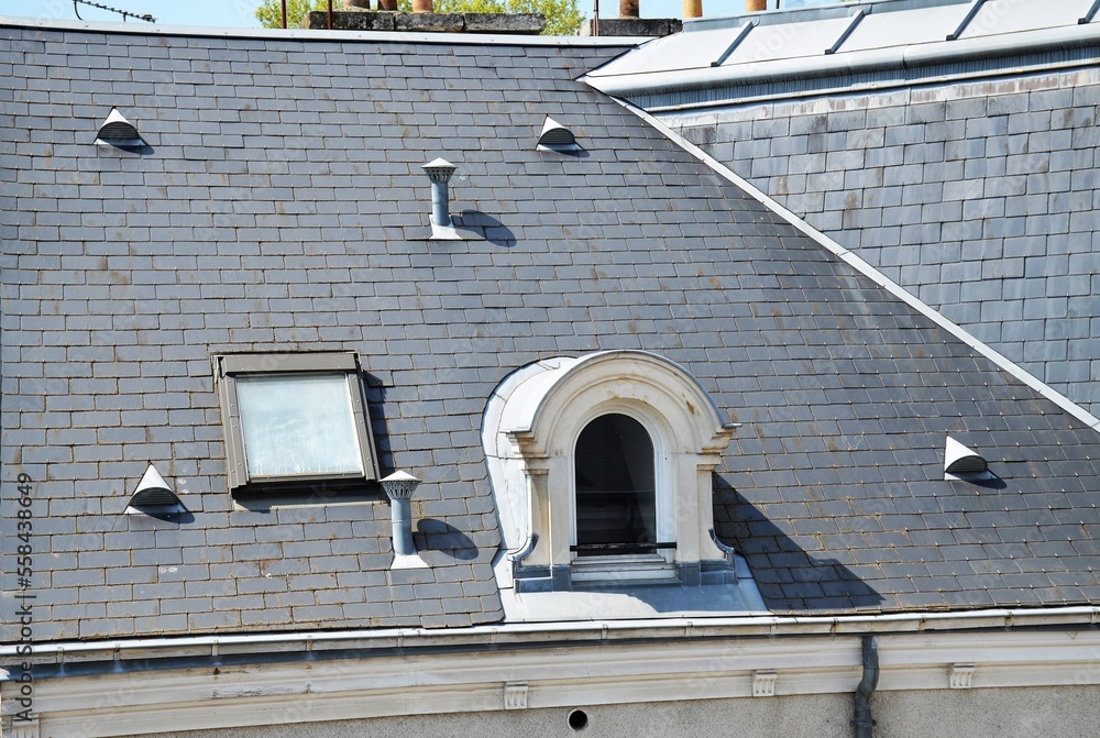 Slate roof with skylight, vasistas and zinc accessories halfround cat