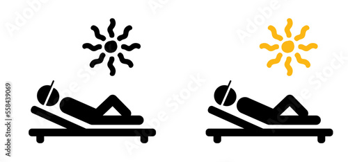 Cartoon relax stickman, stick figure man sitting with legs crossed in the sun light or sunlight rays. Shining rays of light. beach, sea to take a sunbath. sunlight line pattern.