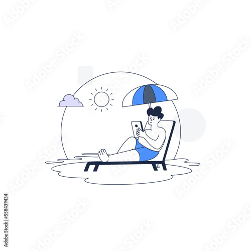 Man on a beach enjoying holiday, outline illustration 