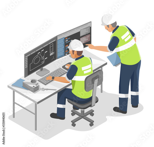 Industrial Programer Engineer Programing cnc Machine or plc programmable logic controller inside factory for production line  isolated isometric