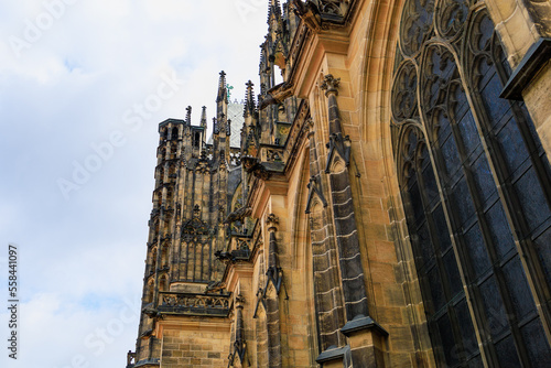 View of the Gothic Catholic Cathedral of St. Vitus, Wenceslas and Vojtech in Prague Castle. Background