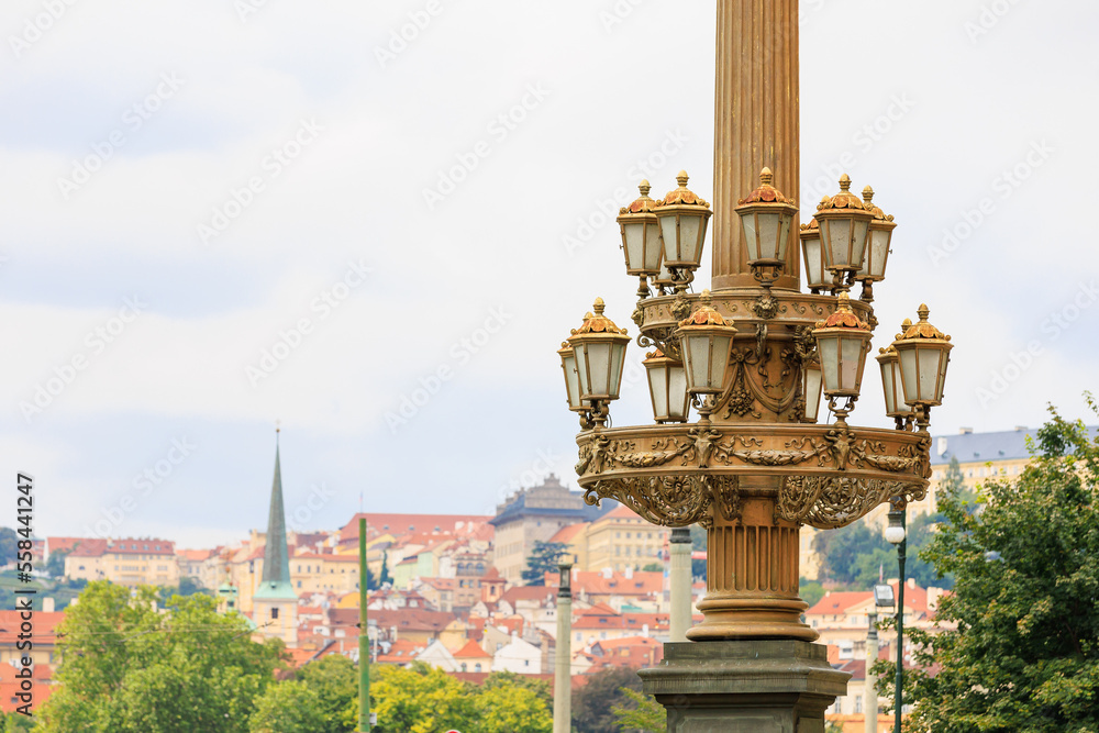 Street lamp, element of European touristic cozy city. Background with selective focus and copy space