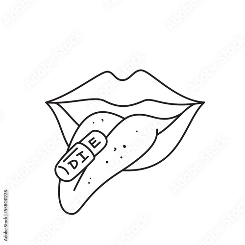 Vector illustration of swallowing a deadly pill. Thin line icon for design, cover etc.