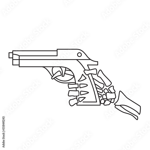 Vector illustration of the skeleton holding a gun. Thin line icon for design, cover etc.