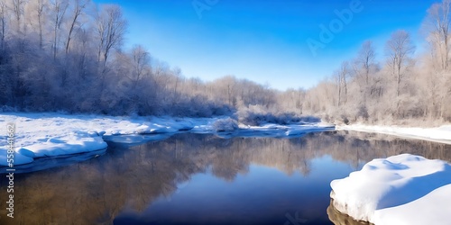 Generative AI landscape Frozen River With Reflection In Water