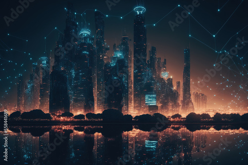 3D illustration of mega city with light reflection from puddles on street heading toward buildings. Concept for night life, business district center (CBD) (ai generated) © ImagineDesign