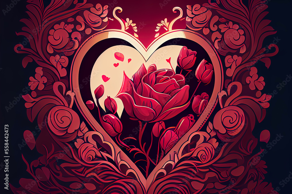 heart with flowers and leaves on red background