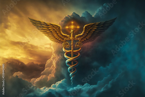 Luxurious medical caduceus atop a majestic, drama-filled sky of universal medical knowledge. Impressive visuals capture the splendor of timeless medicine. photo