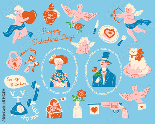 Valentine's Day elements in hand drawn retro style. Set includes cupids, roses, vintage telephone, lady and a gentleman. Cute characters for romantic holiday celebration.