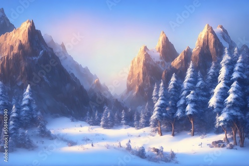 Generative AI  landscape mountain snow with tree © Jiwa_Visual