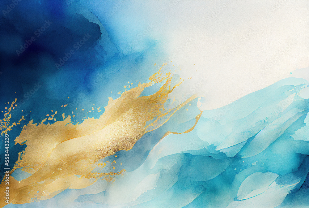 Abstract blue and metallic gold background, watercolor paint