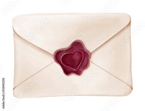 Digital illustration of a Valentines day letter. Stylized decorative symbol of Valentine's day. Hand-drawn clipart in a watercolor style. Light craft envelope with a red wax seal with a heart © YAUHENIYA
