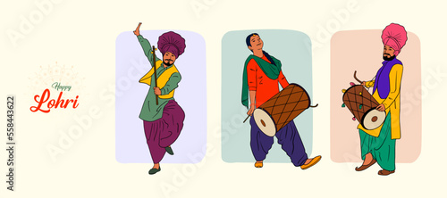 Indian Lohri celebrating Punjabi people's vector character isolated 