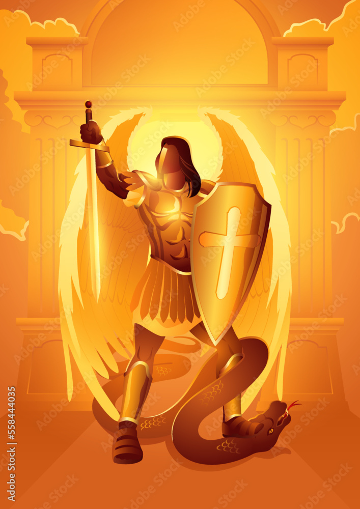 Michael the archangel with sword and shield standing over a serpent ...