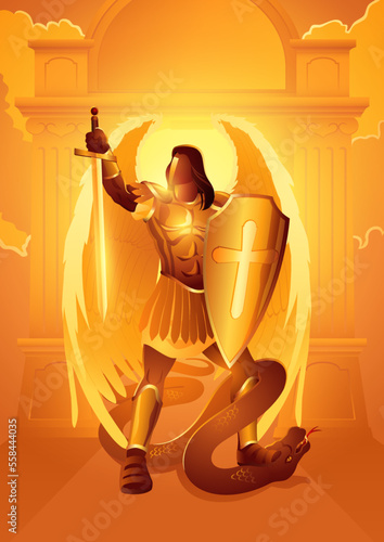 Michael the archangel with sword and shield standing over a serpent