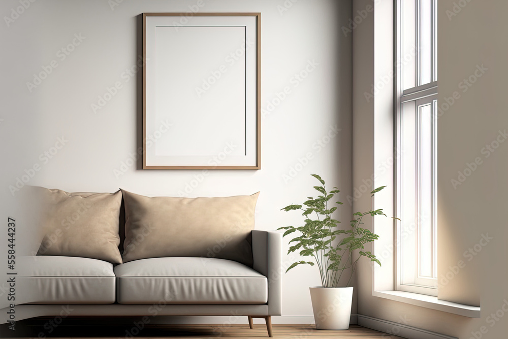 Fototapeta premium Illustration of a light brown square wooden frame in a living room with a sofa against a white background. Generative AI