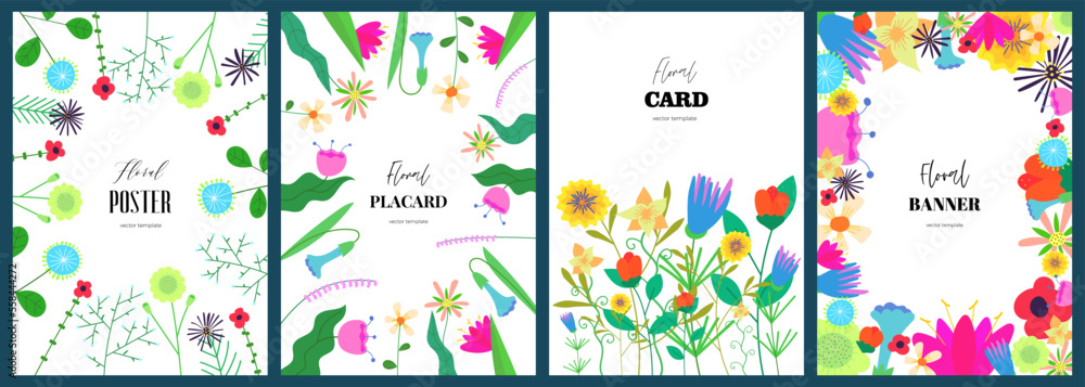 Poster template set with abstract drawing flowers. Floral art hand drawn placard collection. Botanical elements on spring holiday cover. Banner with summer blooms. Herbal plants postcard vector design