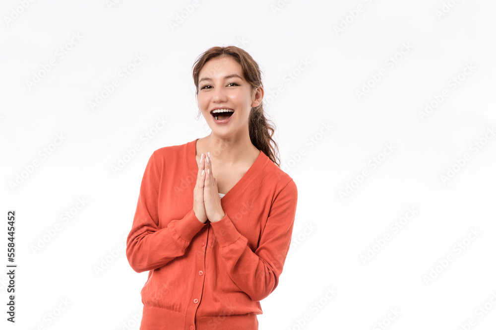 Studio portrait photo of young beautiful Asian woman in casual dressing with confident and luxury looking feeling happy or surprised on white background studio shot. Studio portrait photo of young beautiful Asian woman in casual dressing with confident and luxury looking feeling happy or surprised on white background studio shot.