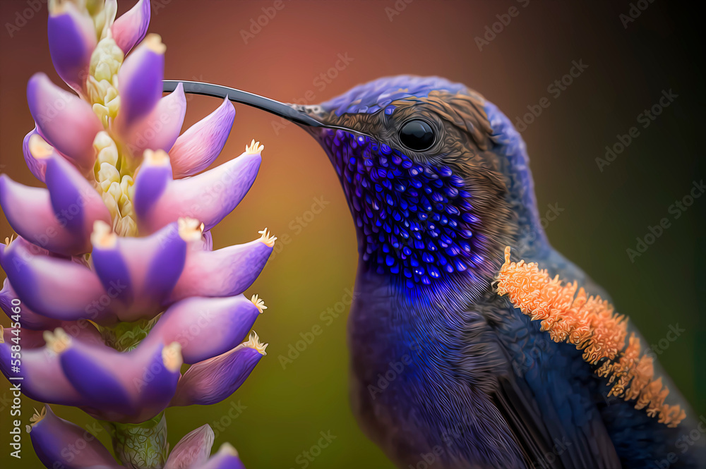 Fototapeta premium Purple cute hummingbird with flower