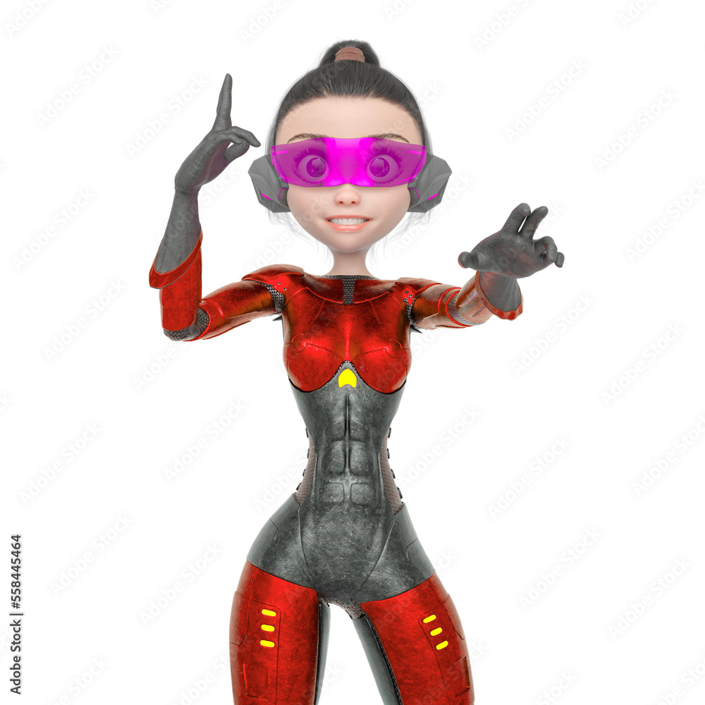 superheroine girl is playing in a virtul world in white background superheroine girl is playing in a virtul world in white background