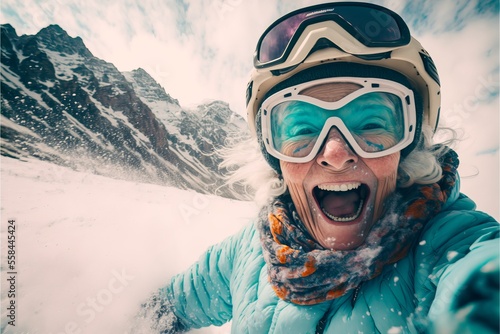 Woman on the snowboard has a lot of fun in the snow. Takes a selfie. Generative AI