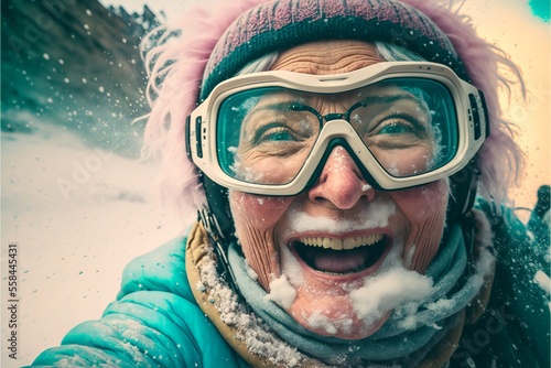 Old woman on the snowboard has a lot of fun in the snow. Takes a selfie. Generative AI