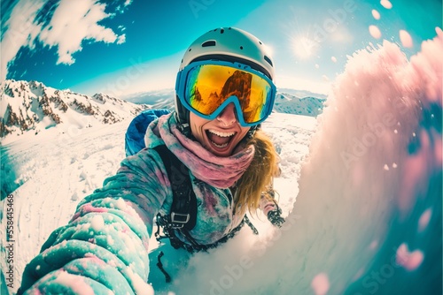 Woman on the snowboard has a lot of fun in the snow. Takes a selfie. Generative AI