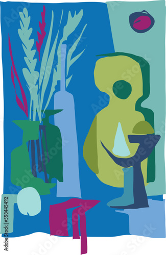 abstract still life with plants, guitar and bottle in vector graphic 