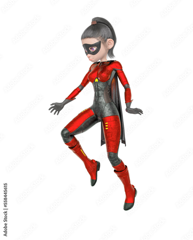 superheroine girl is floating and looking down in white background superheroine girl is floating and looking down in white background