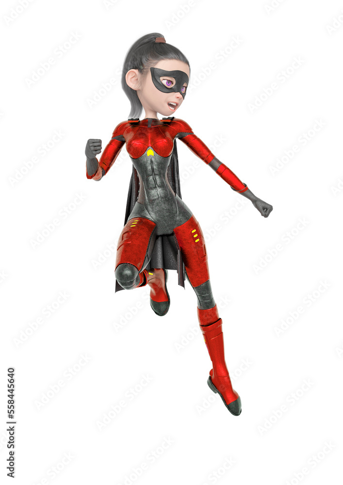 superheroine girl is floating and ready for action in white background