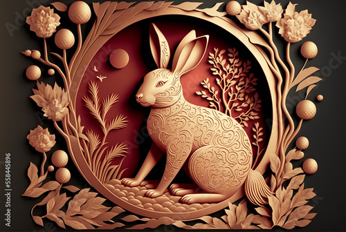 Happy chinese new year 2023 year of the rabbit zodiac sign with flower,lantern,asian elements gold paper cut style on color Background.generative ai.