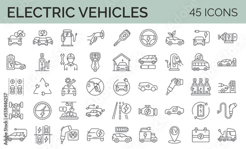 Set of 45 vector line icons related to electric cars and eco transport. Eelectric bus, truck, vehicle, auto, charge station, parking. Outline editable stroke icon collection.
