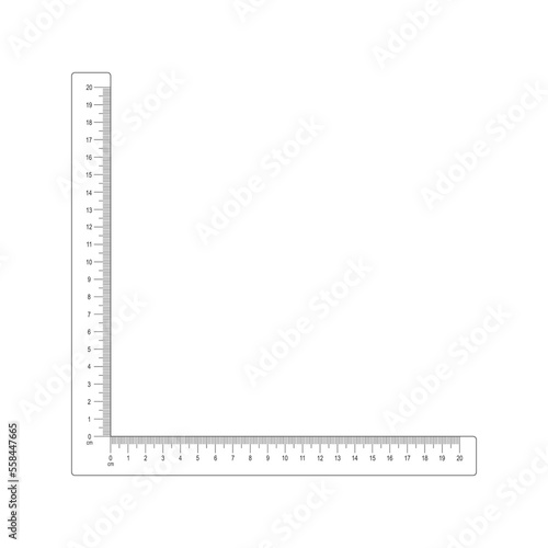 20 cm corner ruler template. Measuring tool with vertical and horizontal lines with centimeters and millimeters markup and numbers. Vector outline illustration isolated on white background