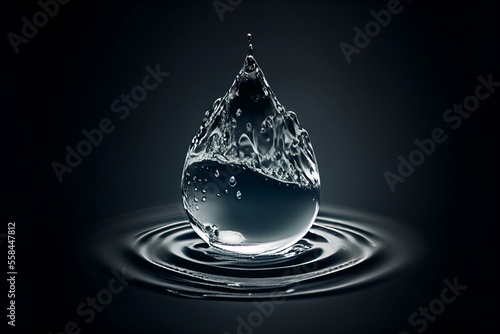 Pure water drop with splashes on black background.  
Digitally generated AI image photo