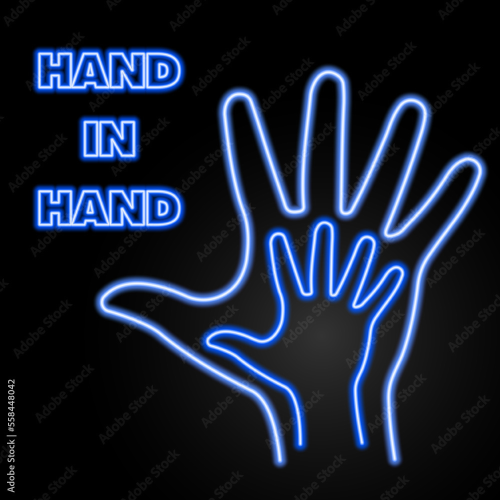 hand in hand neon sign, modern glowing banner design, colorful modern design trends on black background. Vector illustration. hand in hand neon sign, modern glowing banner design, colorful modern design trends on black background. Vector illustration.