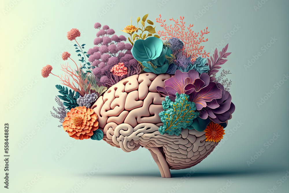 Human brain made of flowers created using Generative AI technology. Concept of mental health.