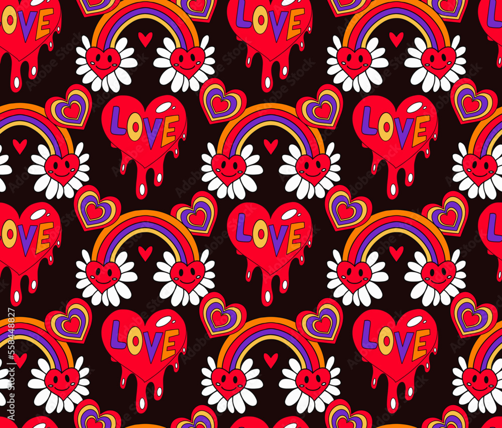 Fototapeta premium Valentine's Day groovy retro 70s seamless pattern. Love and peace endless texture. Backdrop. vector illustration