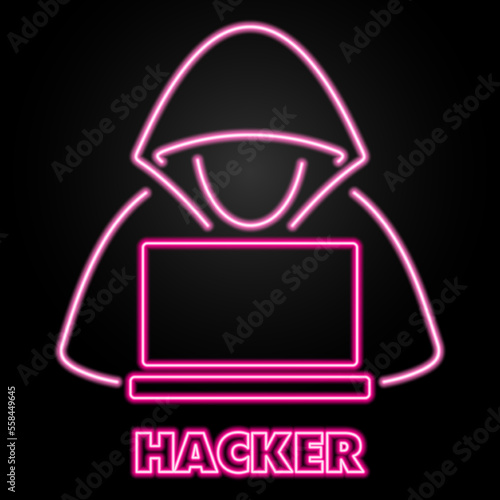 hacker neon sign, modern glowing banner design, colorful modern design trends on black background. Vector illustration.
