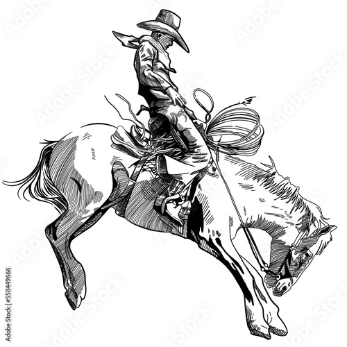illustration of cowboy riding freestyle with his horse.