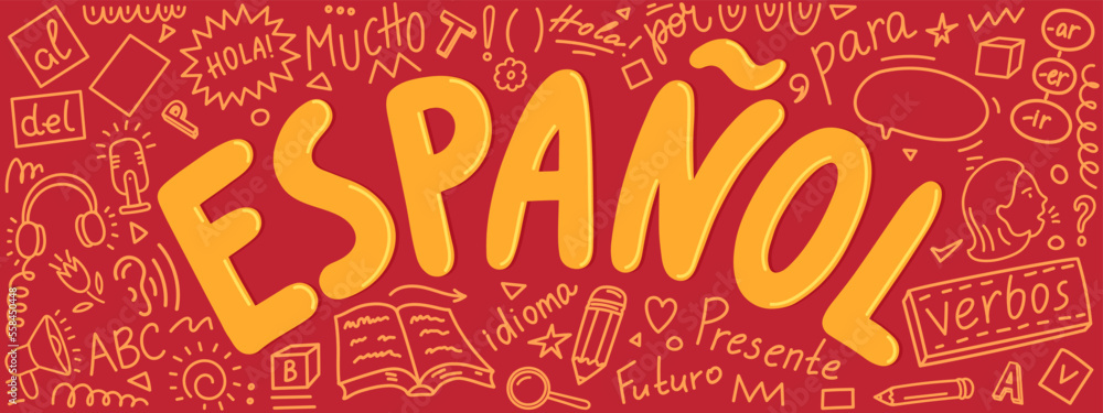 Espanol. Language hand drawn doodles and lettering. Translation: 