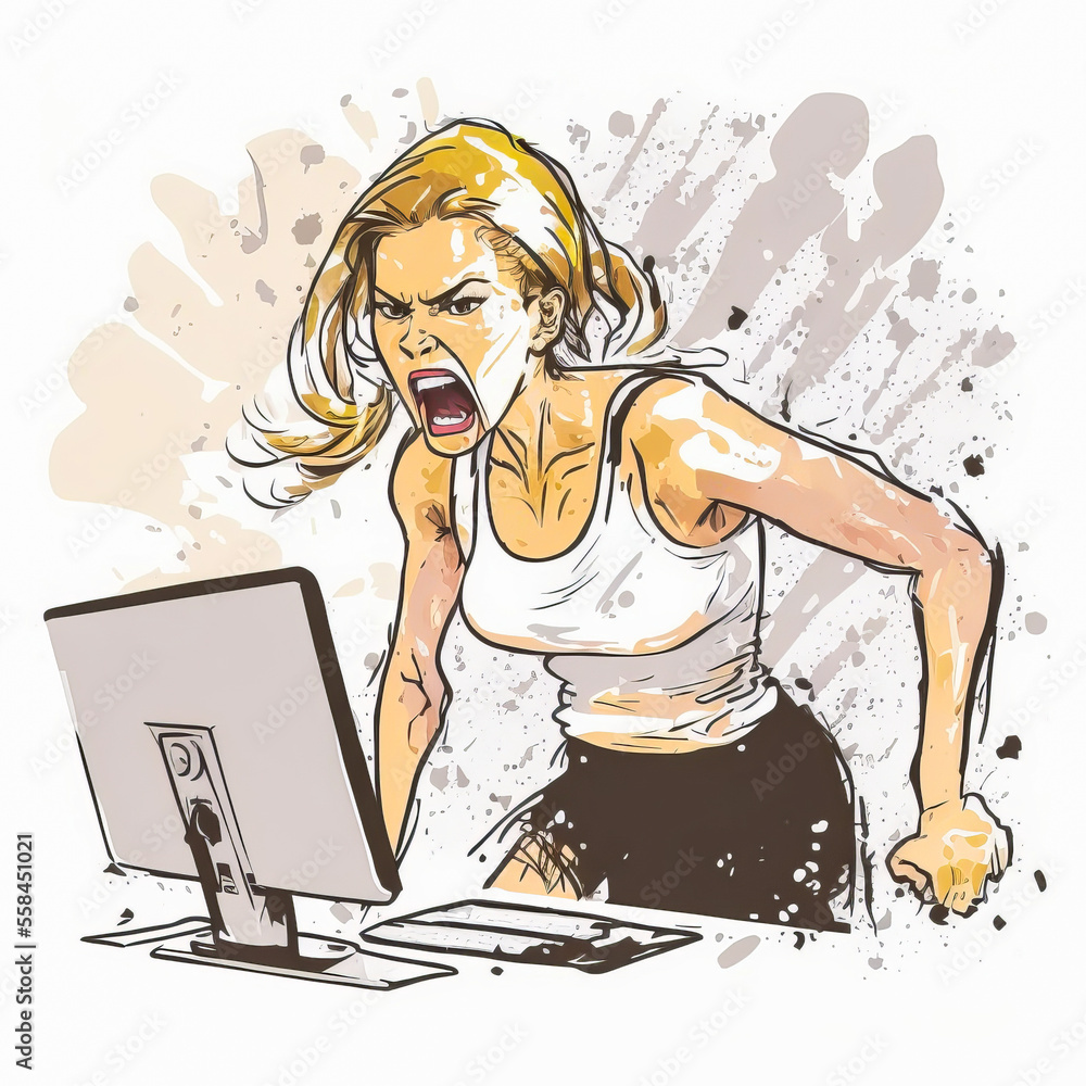 custom made wallpaper toronto digitalFrustrated and upset woman in front of her computer, taken on the spot. Dynamic illustration to capture the emotion of the scene.