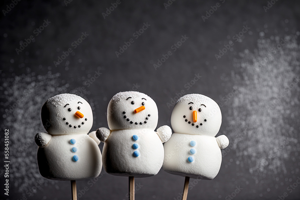 On a gray background, three little snowmen made of marshmallows and sticks are displayed. Generative AI On a gray background, three little snowmen made of marshmallows and sticks are displayed. Generative AI