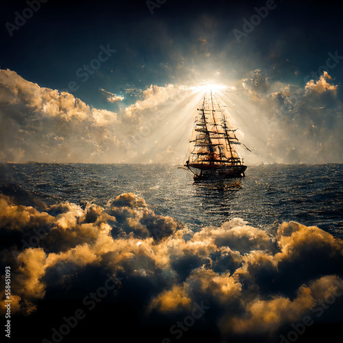 Old sailboat in the ocean