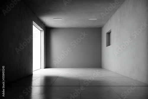 Industrial interior backdrop template for an empty, contemporary concrete room with rough flooring and indirect illumination from the ceiling,. Generative AI