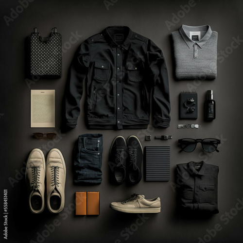 different clothes and shoes on a black background, jacket, shoes, tshirt, fashion presentation