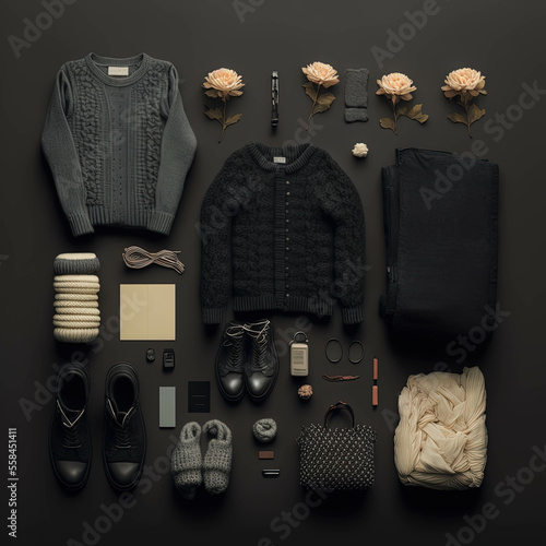 different clothes and shoes on a black background, sweater, shoes, fashion presentation