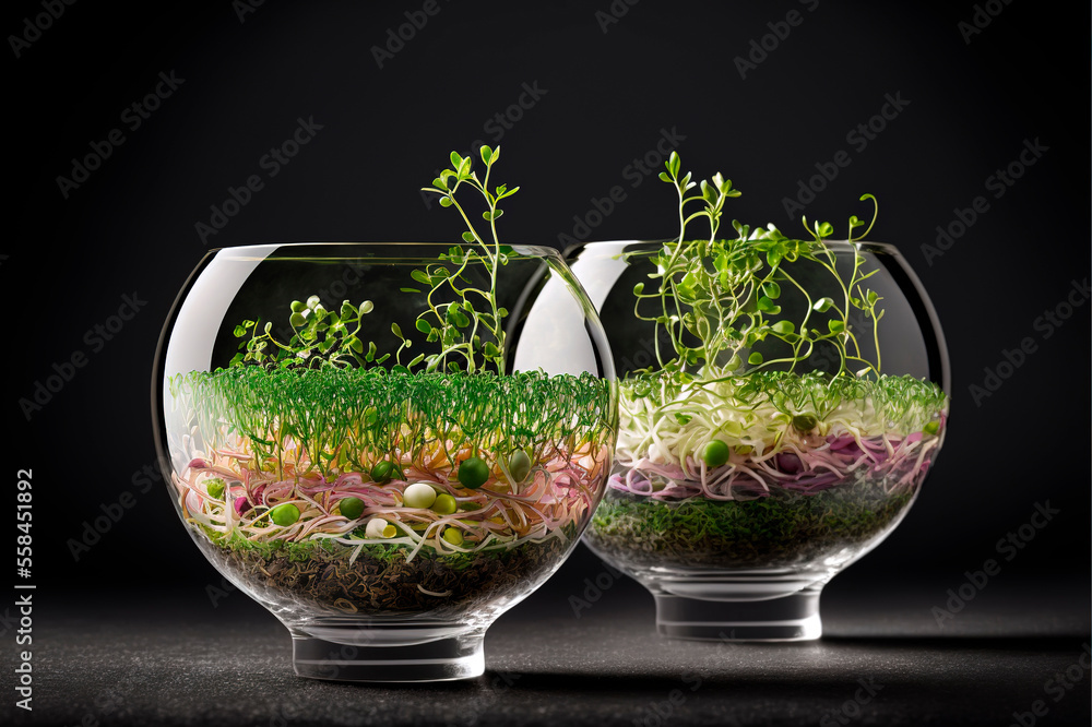 Microgreens sprouts in glass bowls, generative ai illustration Microgreens sprouts in glass bowls, generative ai illustration