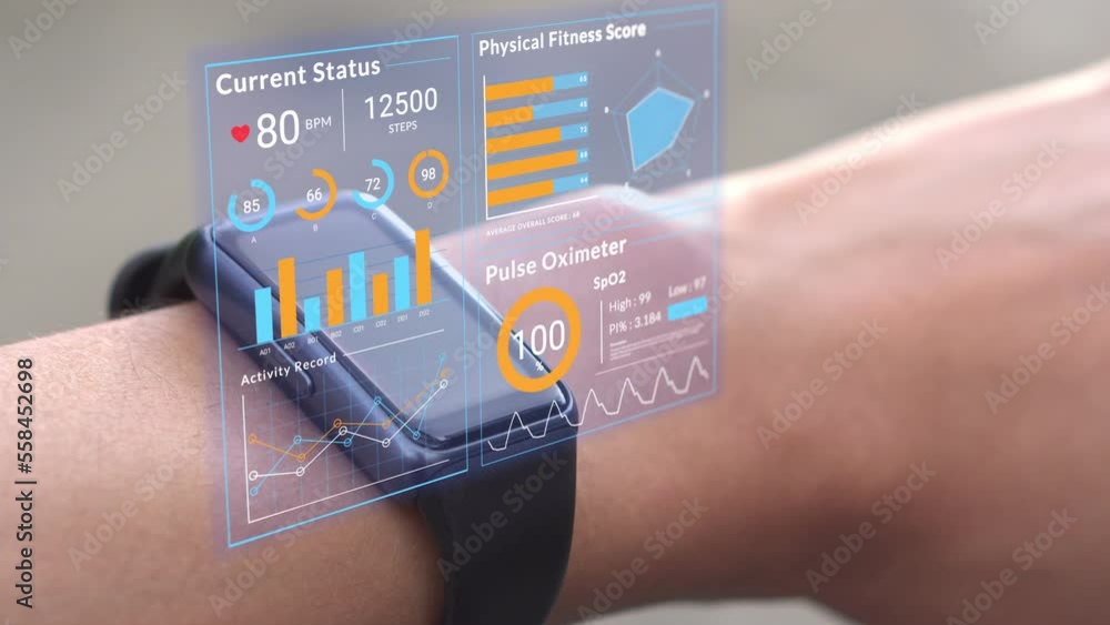 Futuristic hologram infographic display on smartwatch, 3d rendering medical data user interface screen app on hi-tech watch, heart rate SpO2 scanning and physical health condition UI technology